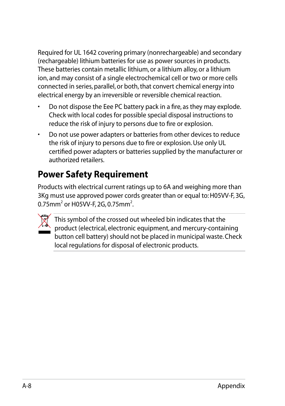 Power safety requirement | Asus Eee PC 1002H User Manual | Page 56 / 60