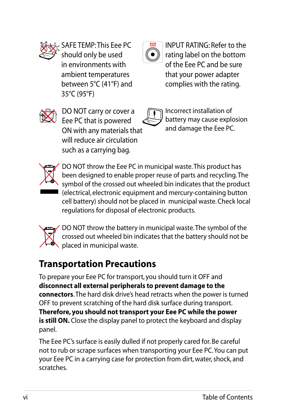 Transportation precautions | Asus Eee PC 1002H User Manual | Page 6 / 60