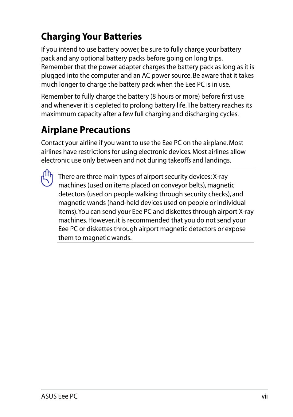 Charging your batteries, Airplane precautions | Asus Eee PC 1002H User Manual | Page 7 / 60