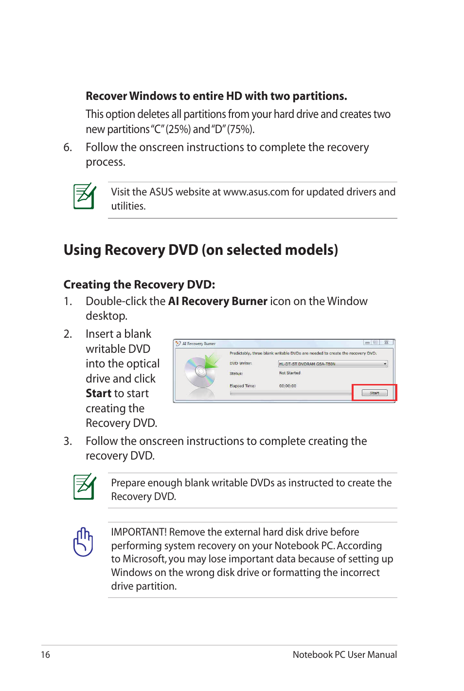 Using recovery dvd (on selected models) | Asus UL80Jt User Manual | Page 16 / 30