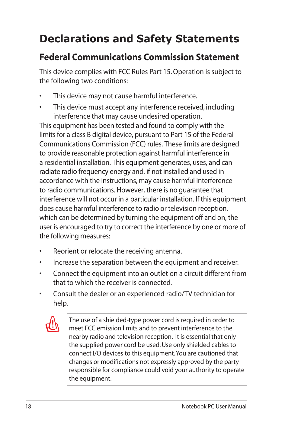 Declarations and safety statements, Federal communications commission statement | Asus UL80Jt User Manual | Page 18 / 30