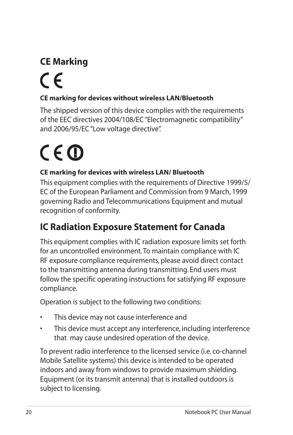 Ce marking, Ic radiation exposure statement for canada | Asus UL80Jt User Manual | Page 20 / 30