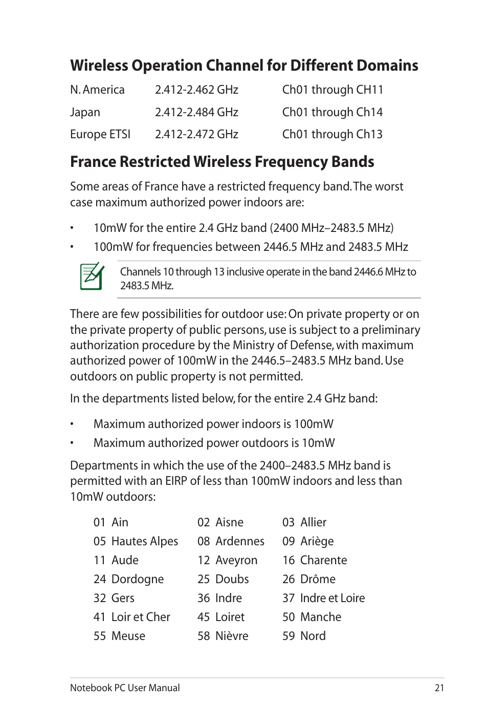 Wireless operation channel for different domains, France restricted wireless frequency bands | Asus UL80Jt User Manual | Page 21 / 30