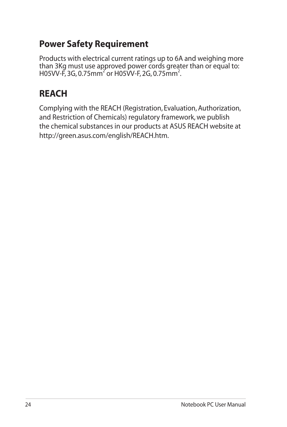 Power safety requirement, Reach, Power safety requirement reach | Asus UL80Jt User Manual | Page 24 / 30