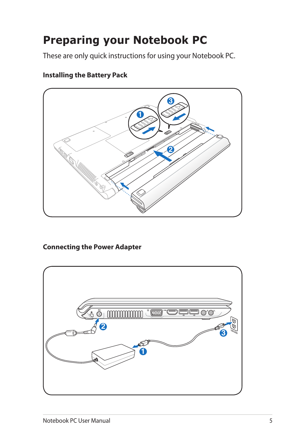 Preparing your notebook pc | Asus UL80Jt User Manual | Page 5 / 30