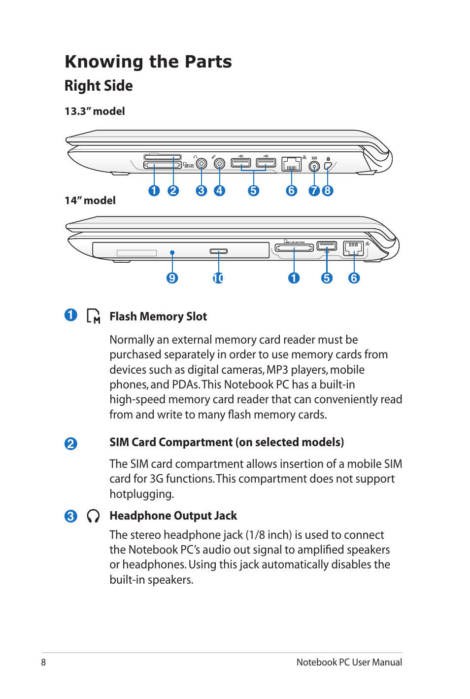Knowing the parts, Right side | Asus UL80Jt User Manual | Page 8 / 30