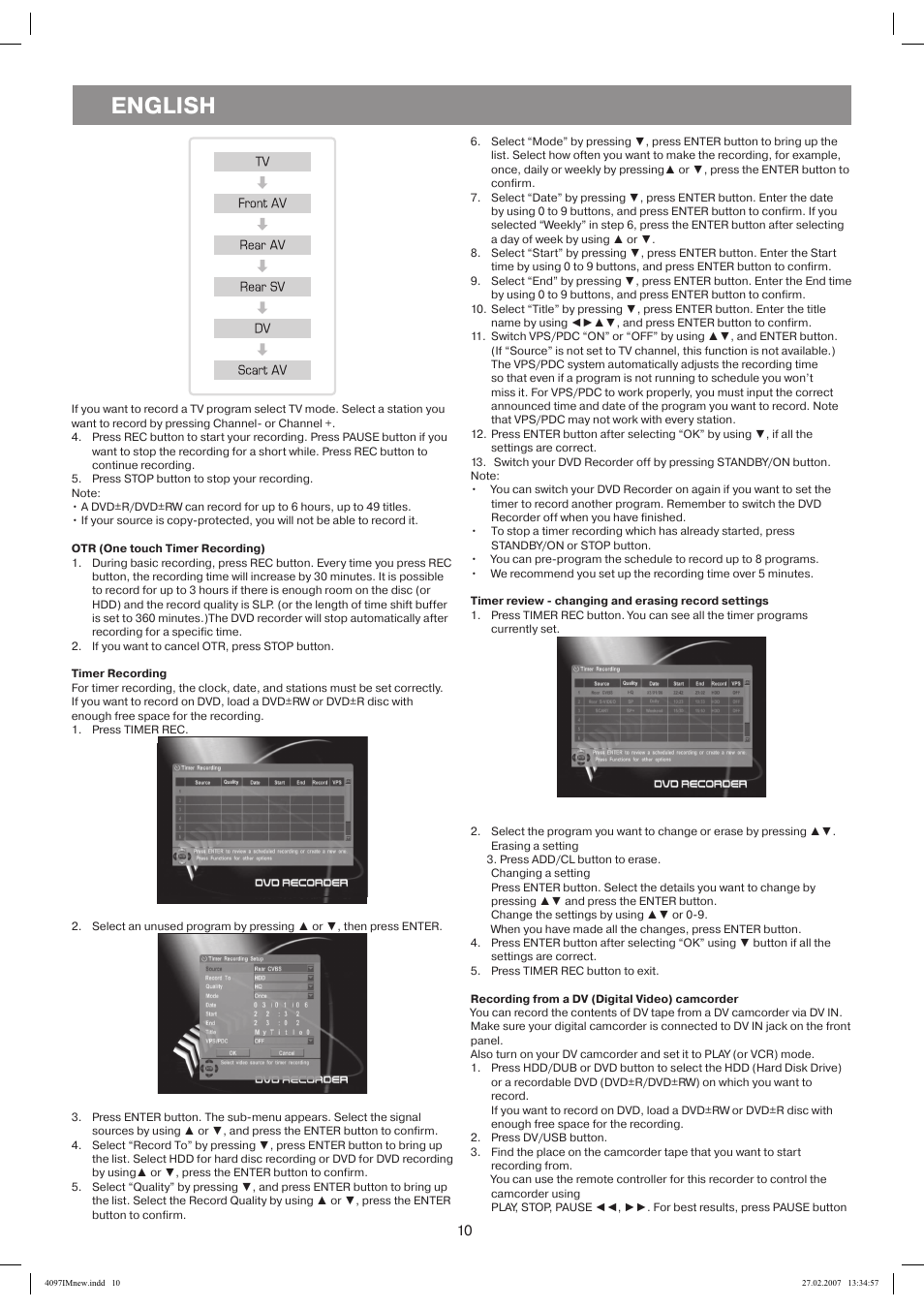 Front av, Rear av, Rear sv | Scart av, Otr (one touch timer recording), Timer recording, Recording from a dv (digital video) camcorder, English | Vitek VT-4097 SR User Manual | Page 10 / 104