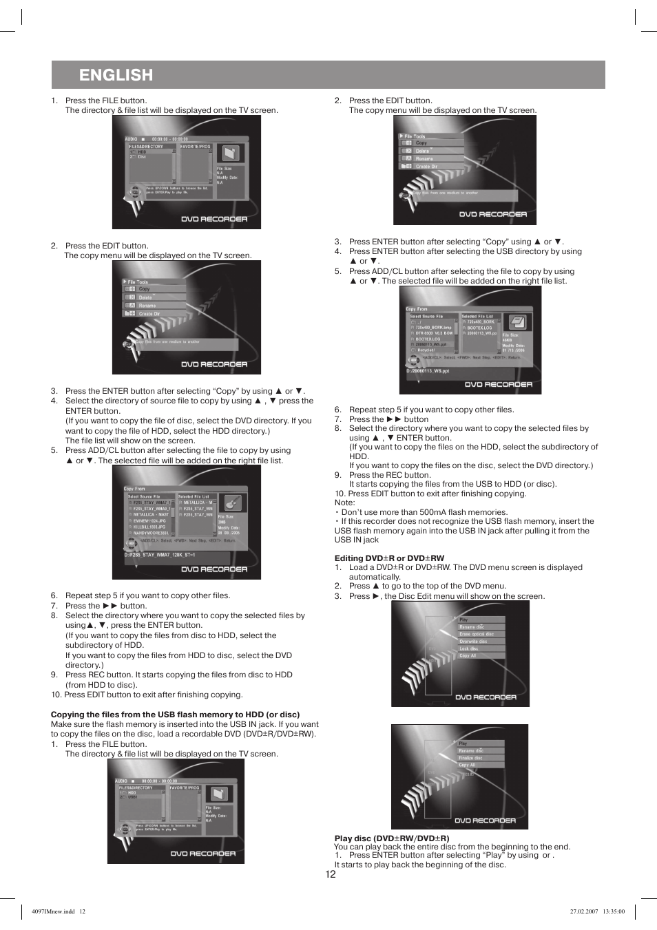 Editing dvd+r or dvd+rw, Play disc (dvd+rw/dvd+r), English | Vitek VT-4097 SR User Manual | Page 12 / 104