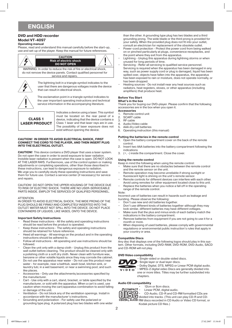 Dvd and hdd recorder model vt-4097, Operating manual, Important safety instructions | Before you start what’s in the box, Accessories, Putting the batteries in the remote control, Using the remote control, Compatible discs, Dvd video compatibility, Audio cd compatibility | Vitek VT-4097 SR User Manual | Page 2 / 104