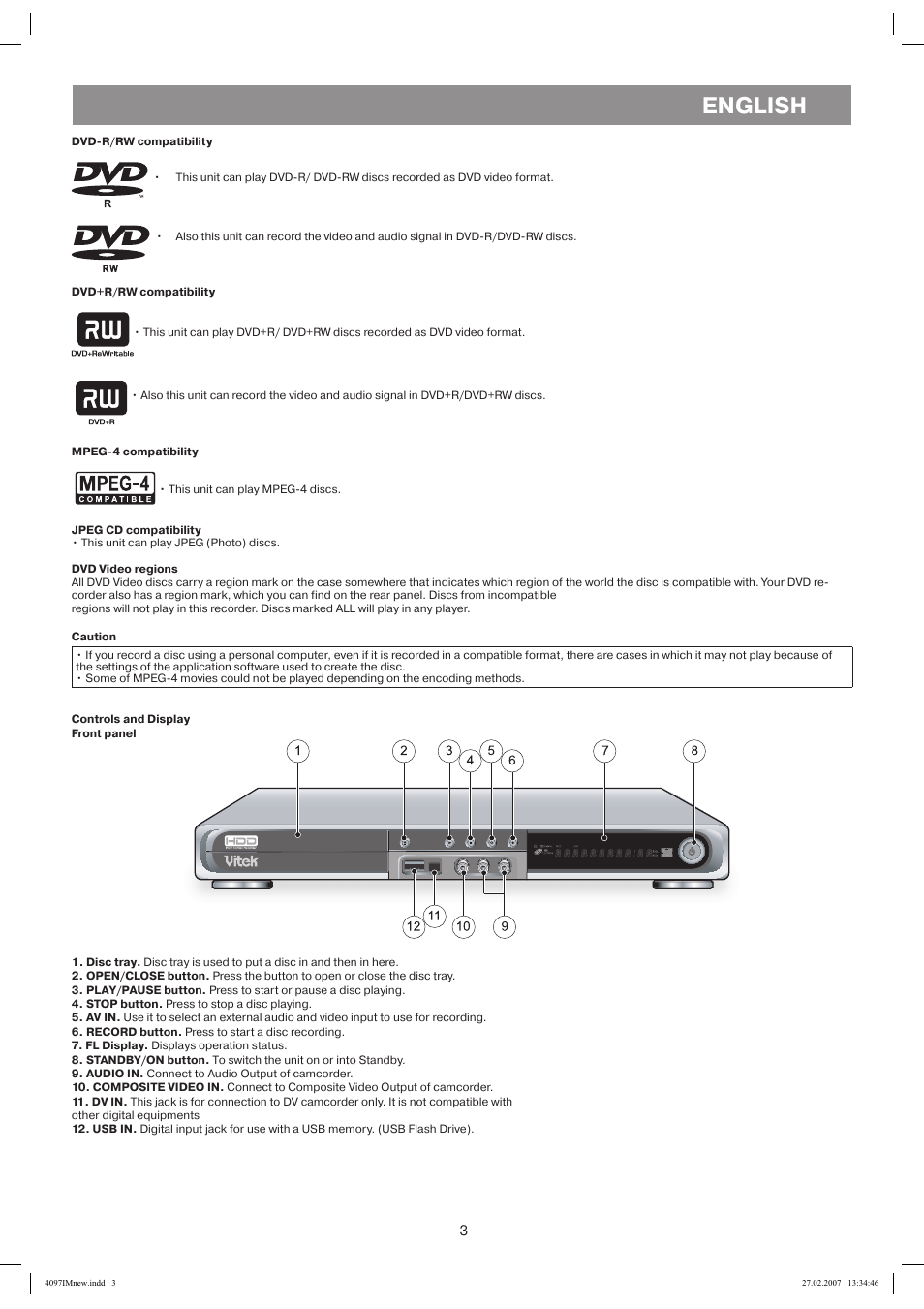 Dvd-r/rw compatibility, Dvd+r/rw compatibility, Mpeg-4 compatibility | Jpeg cd compatibility, Dvd video regions, Caution, Controls and display front panel, English, Lmpeg-4 | Vitek VT-4097 SR User Manual | Page 3 / 104