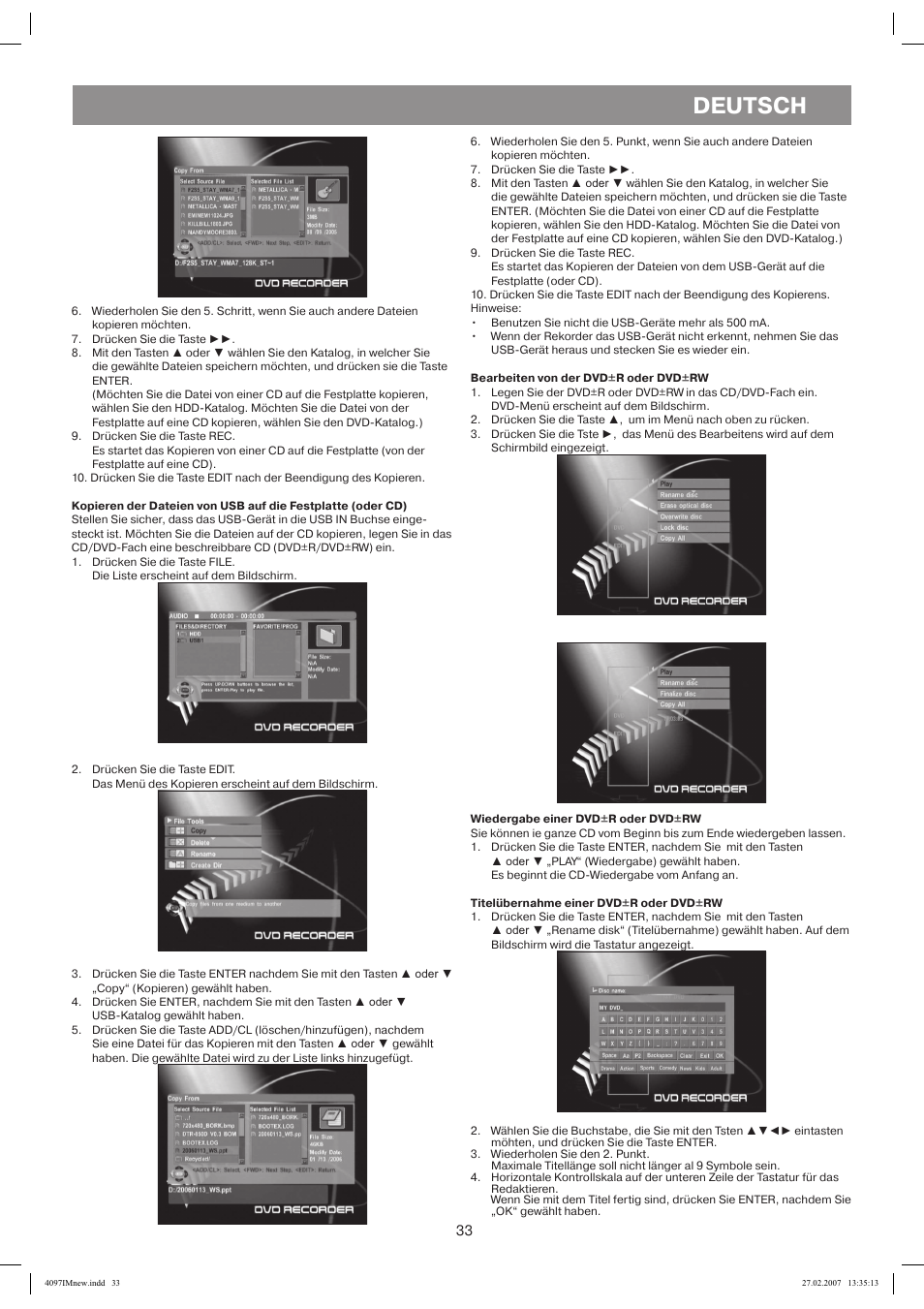 Bearbeiten von der dvd+r oder dvd+rw, Wiedergabe einer dvd+r oder dvd+rw, Titelübernahme einer dvd+r oder dvd+rw | Deutsch | Vitek VT-4097 SR User Manual | Page 33 / 104