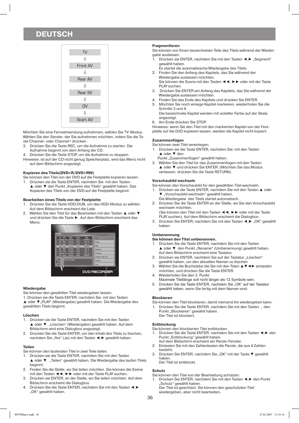 Kopieren des titels(dvd+r/dvd+rw), Bearbeiten eines titels von der festplatte, Wiedergabe | Löschen, Teilen, Fragmentieren, Zusammenfügen, Vorschaubild wechseln, Umbenennung, Blockieren | Vitek VT-4097 SR User Manual | Page 36 / 104