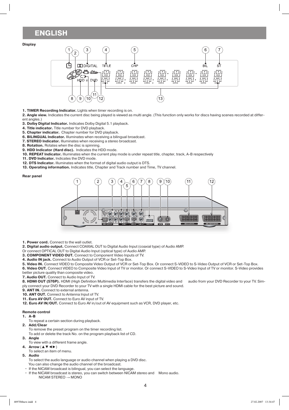 Display, Rear panel, Remote control | Add/clear, Angle, Arrow(a^^^), Audio, English | Vitek VT-4097 SR User Manual | Page 4 / 104
