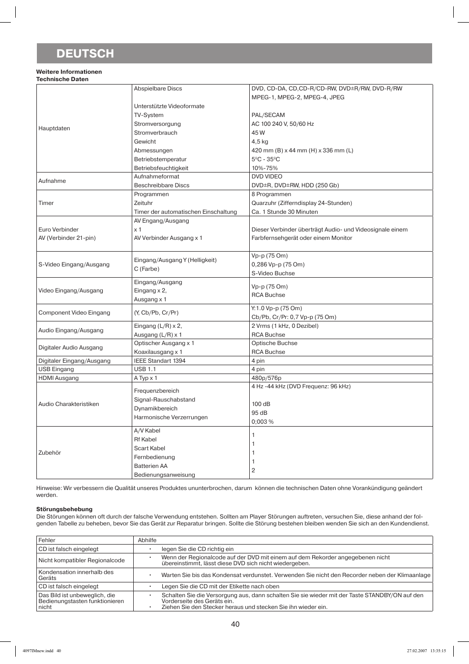 Störungsbehebung, Deutsch | Vitek VT-4097 SR User Manual | Page 40 / 104