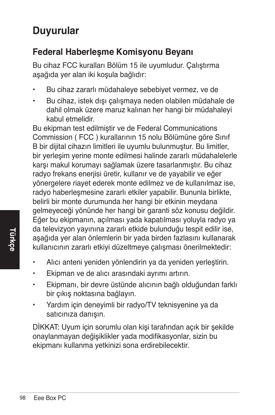 Duyurular, Federal haberleşme komisyonu beyanı | Asus EB1012 User Manual | Page 144 / 185