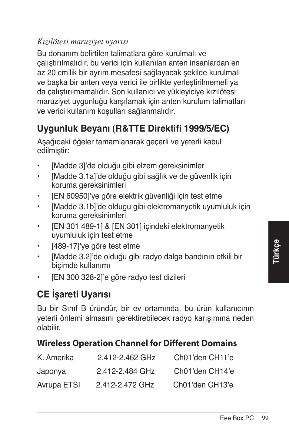 Ce işareti uyarısı, Wireless operation channel for different domains | Asus EB1012 User Manual | Page 145 / 185