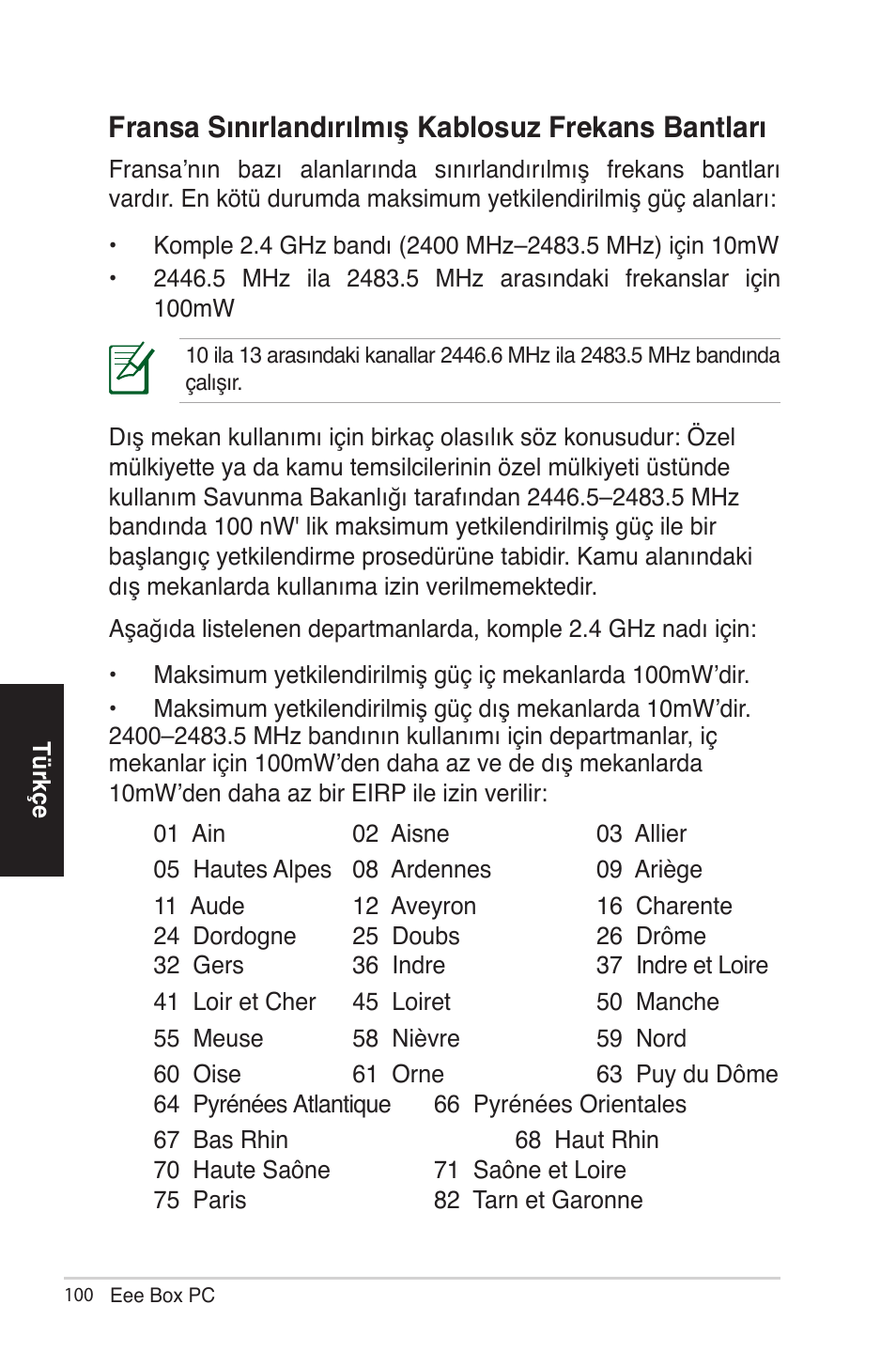 Fransa sınırlandırılmış kablosuz frekans bantları | Asus EB1012 User Manual | Page 146 / 185