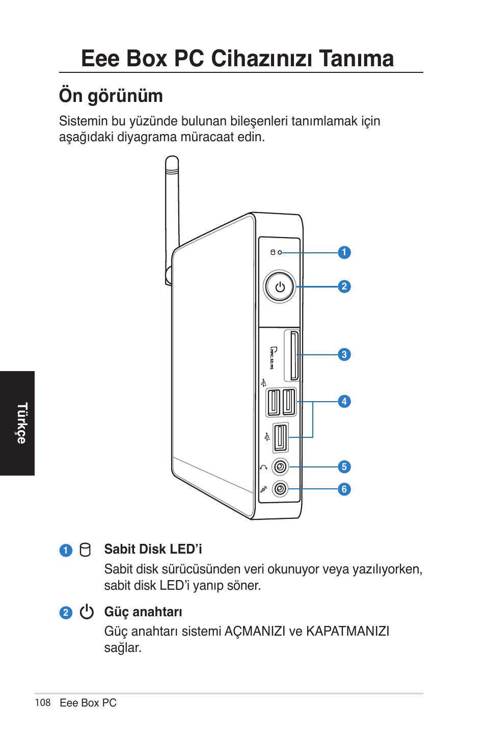Eee box pc cihazınızı tanıma, Ön görünüm | Asus EB1012 User Manual | Page 154 / 185