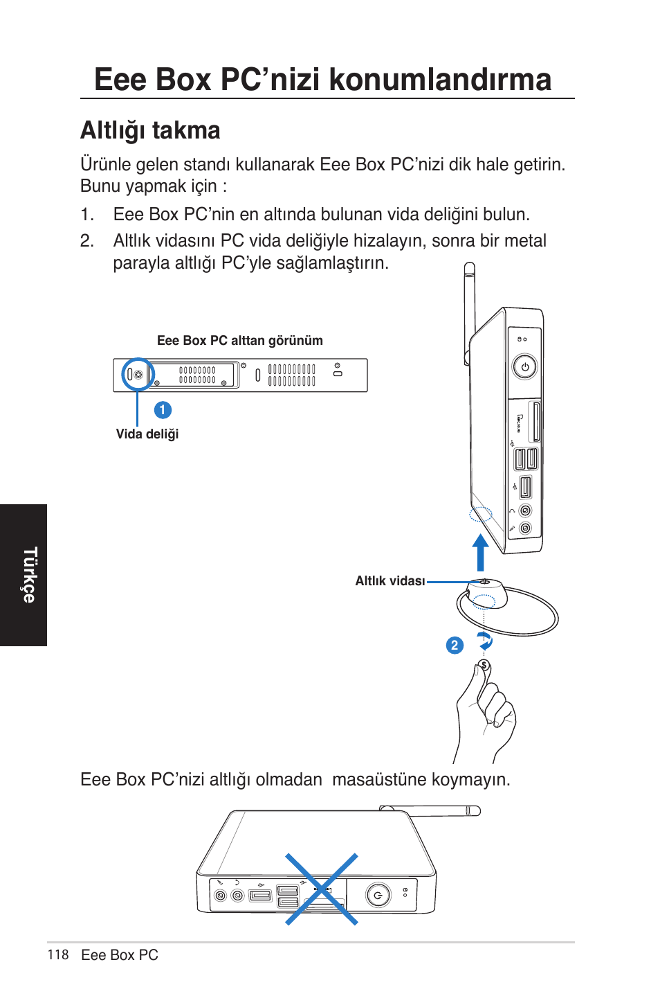 Eee box pc’nizi konumlandırma, Altlığı takma | Asus EB1012 User Manual | Page 164 / 185