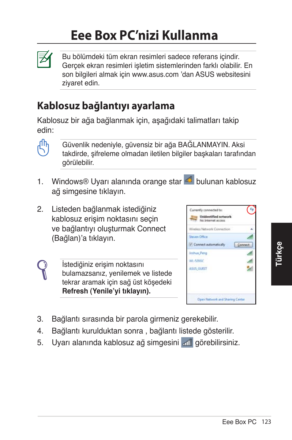Eee box pc’nizi kullanma, Kablosuz bağlantıyı ayarlama | Asus EB1012 User Manual | Page 169 / 185