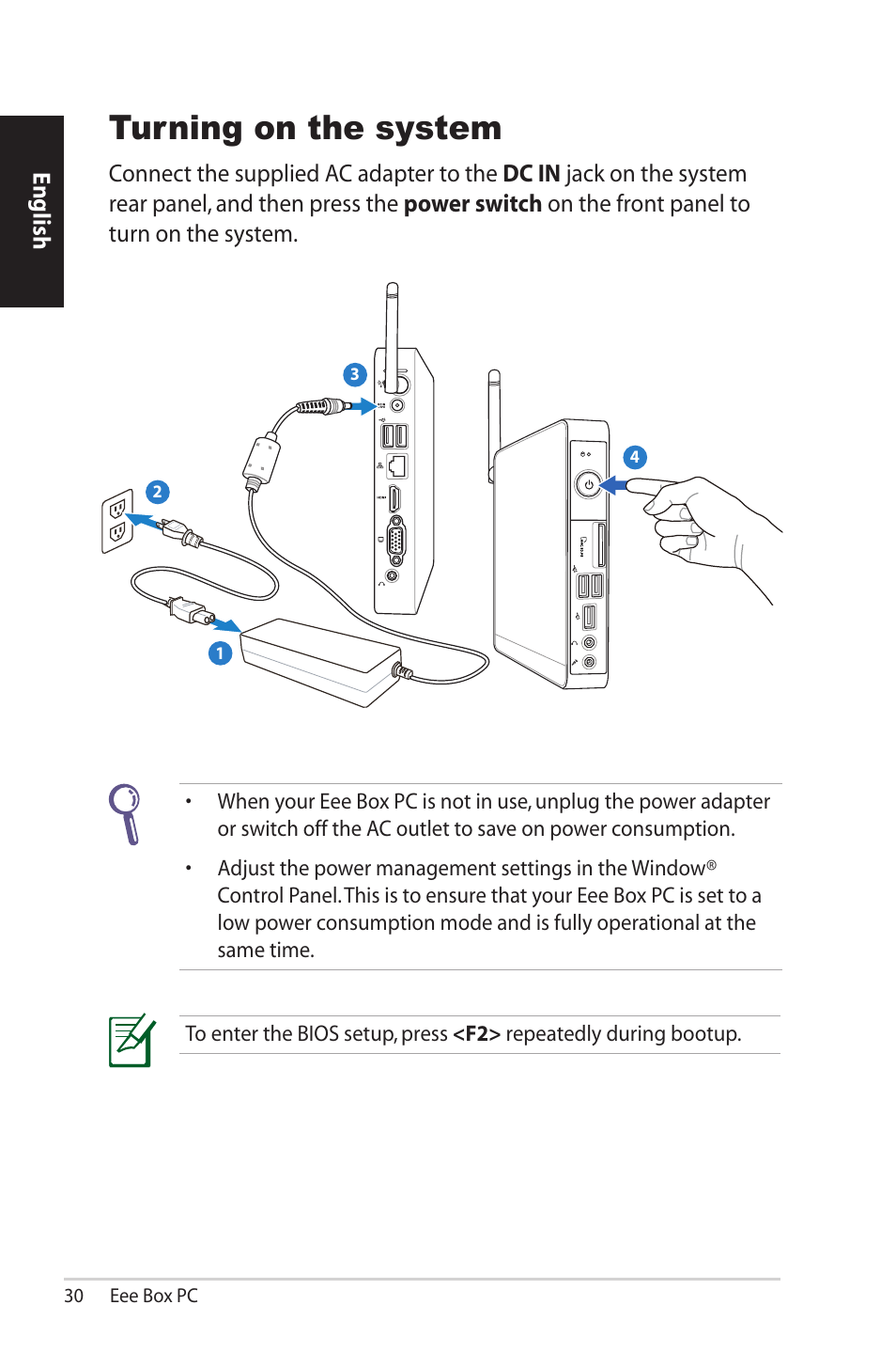 Turning on the system | Asus EB1012 User Manual | Page 30 / 185
