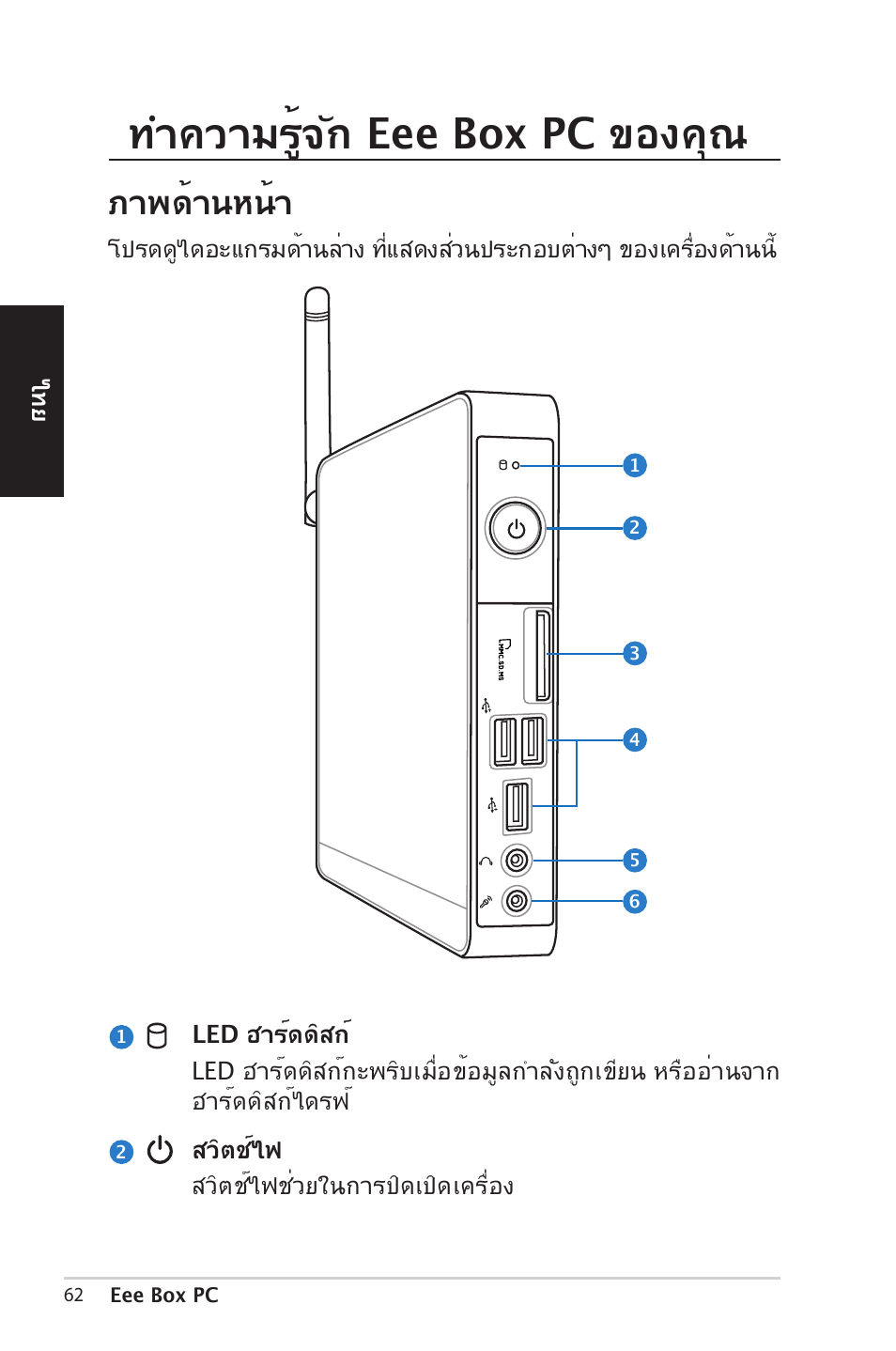 ทำความ�ู้จัก eee box pc ของคุณ, ภาพด้านหน้า | Asus EB1012 User Manual | Page 62 / 185