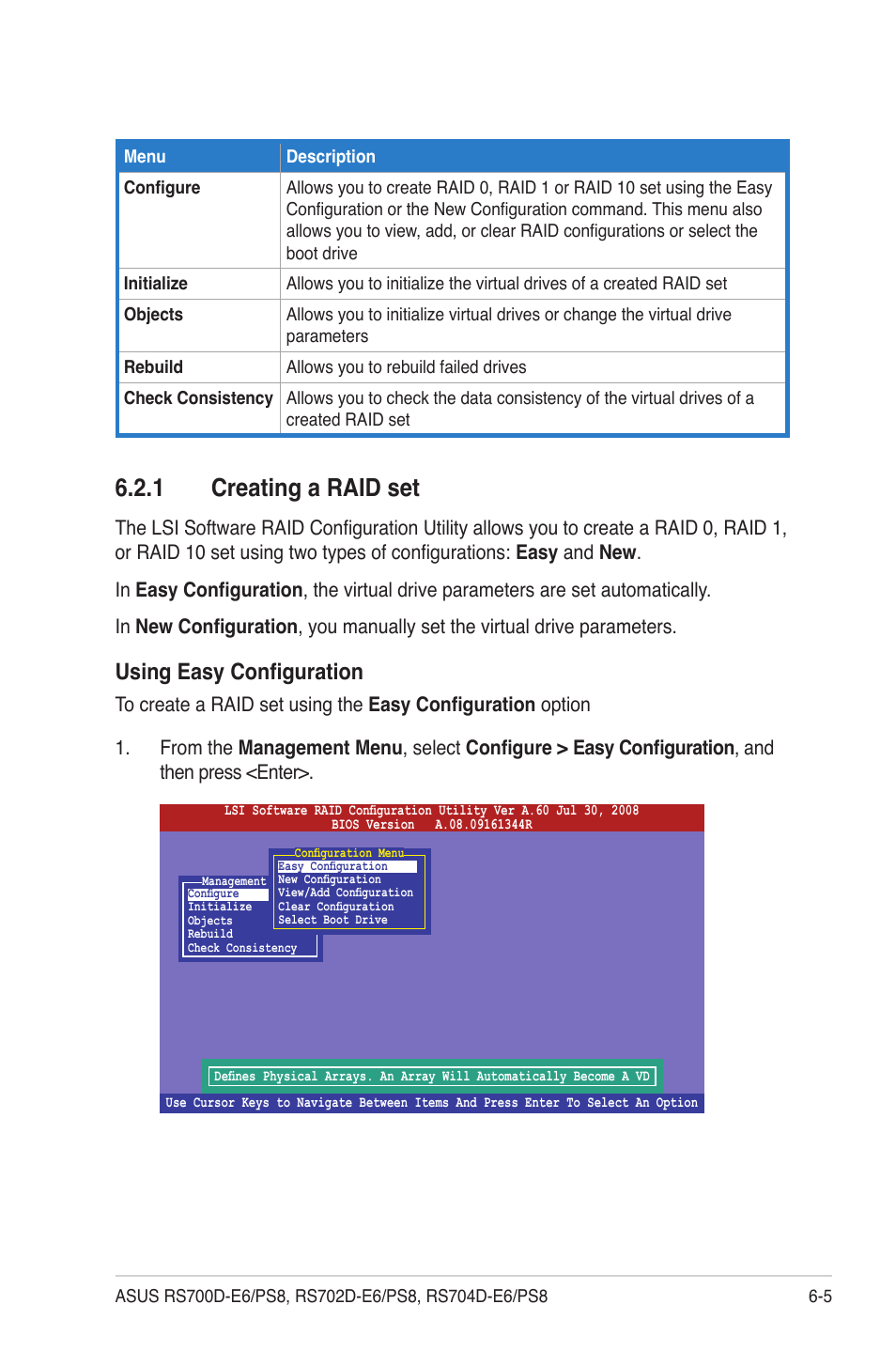 1 creating a raid set, Creating a raid set -5, Using easy configuration | Asus RS704D-E6/PS8 User Manual | Page 105 / 164