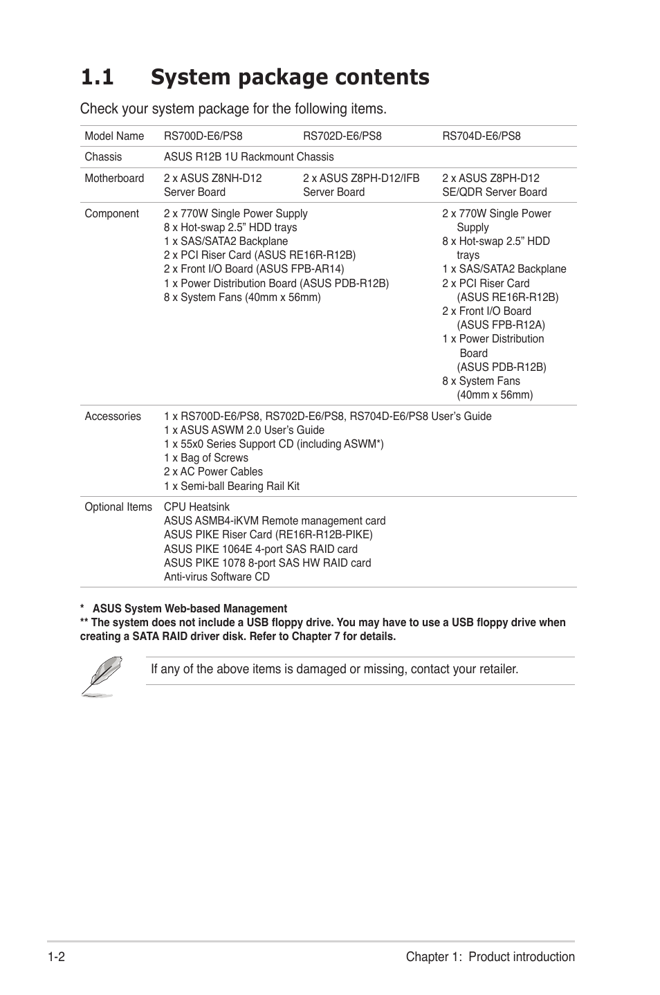 1 system package contents, System package contents -2, Check your system package for the following items | Asus RS704D-E6/PS8 User Manual | Page 12 / 164