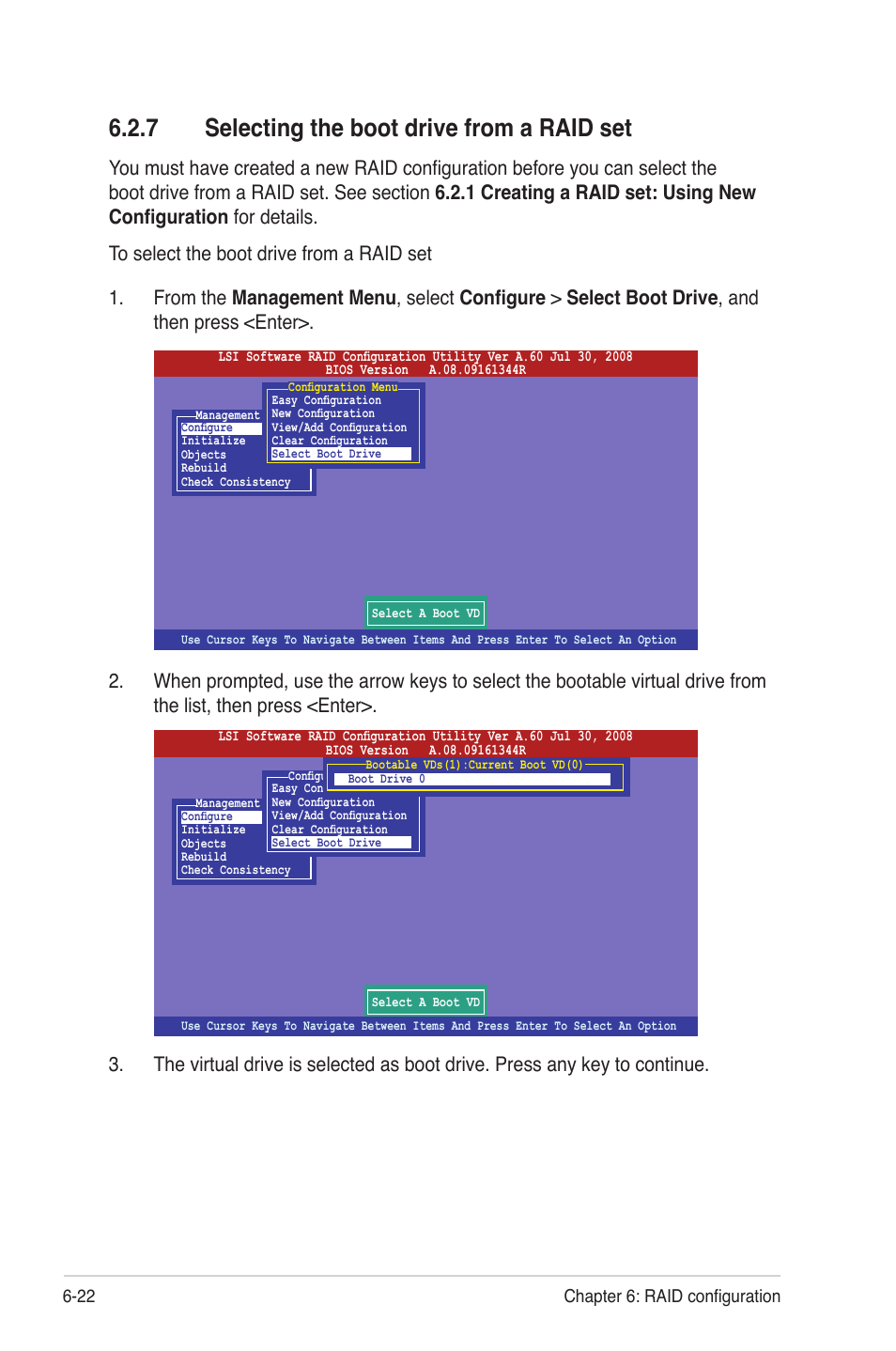 7 selecting the boot drive from a raid set, Selecting the boot drive from a raid set -22 | Asus RS704D-E6/PS8 User Manual | Page 122 / 164