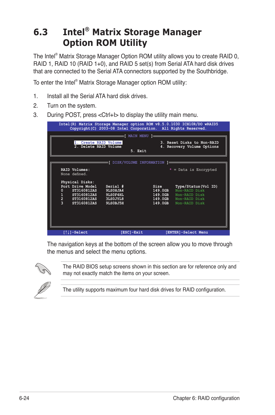 3 intel® matrix storage manager option rom utility, Intel, Matrix storage manager option rom utility -24 | 3 intel, Matrix storage manager option rom utility, The intel | Asus RS704D-E6/PS8 User Manual | Page 124 / 164