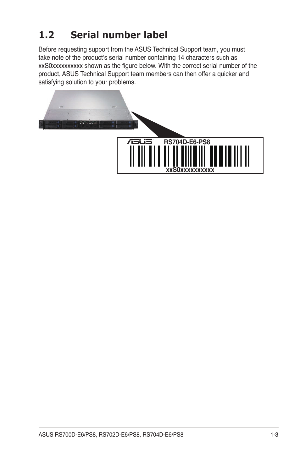 2 serial number label, Serial number label -3 | Asus RS704D-E6/PS8 User Manual | Page 13 / 164