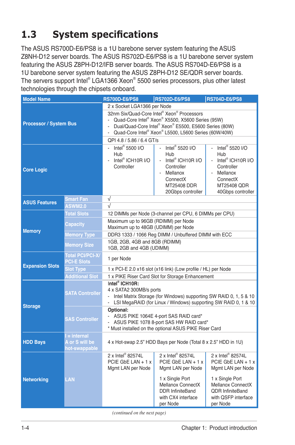 3 system specifications, System specifications -4, Lga1366 xeon | Asus RS704D-E6/PS8 User Manual | Page 14 / 164