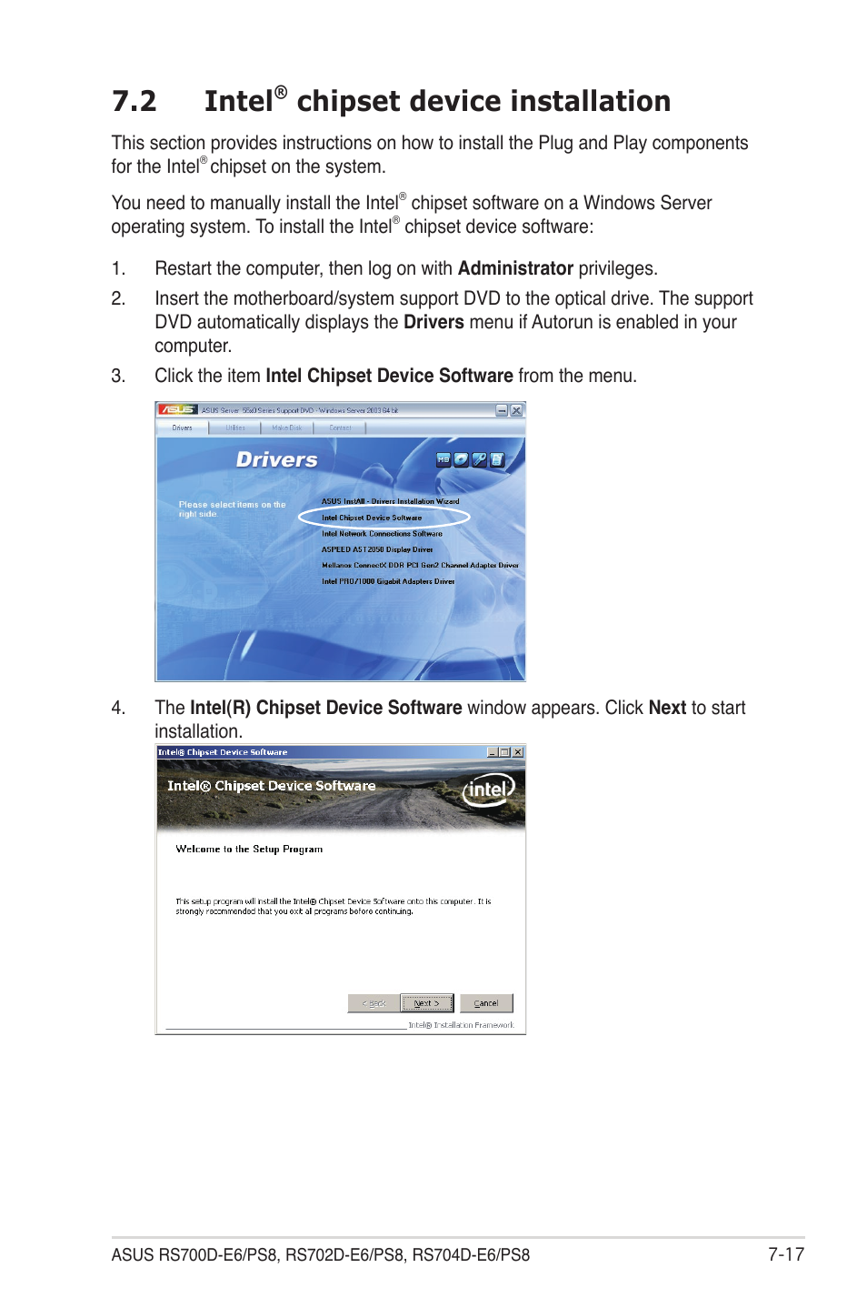 2 intel® chipset device installation, Intel, Chipset device installation -17 | 2 intel, Chipset device installation | Asus RS704D-E6/PS8 User Manual | Page 151 / 164