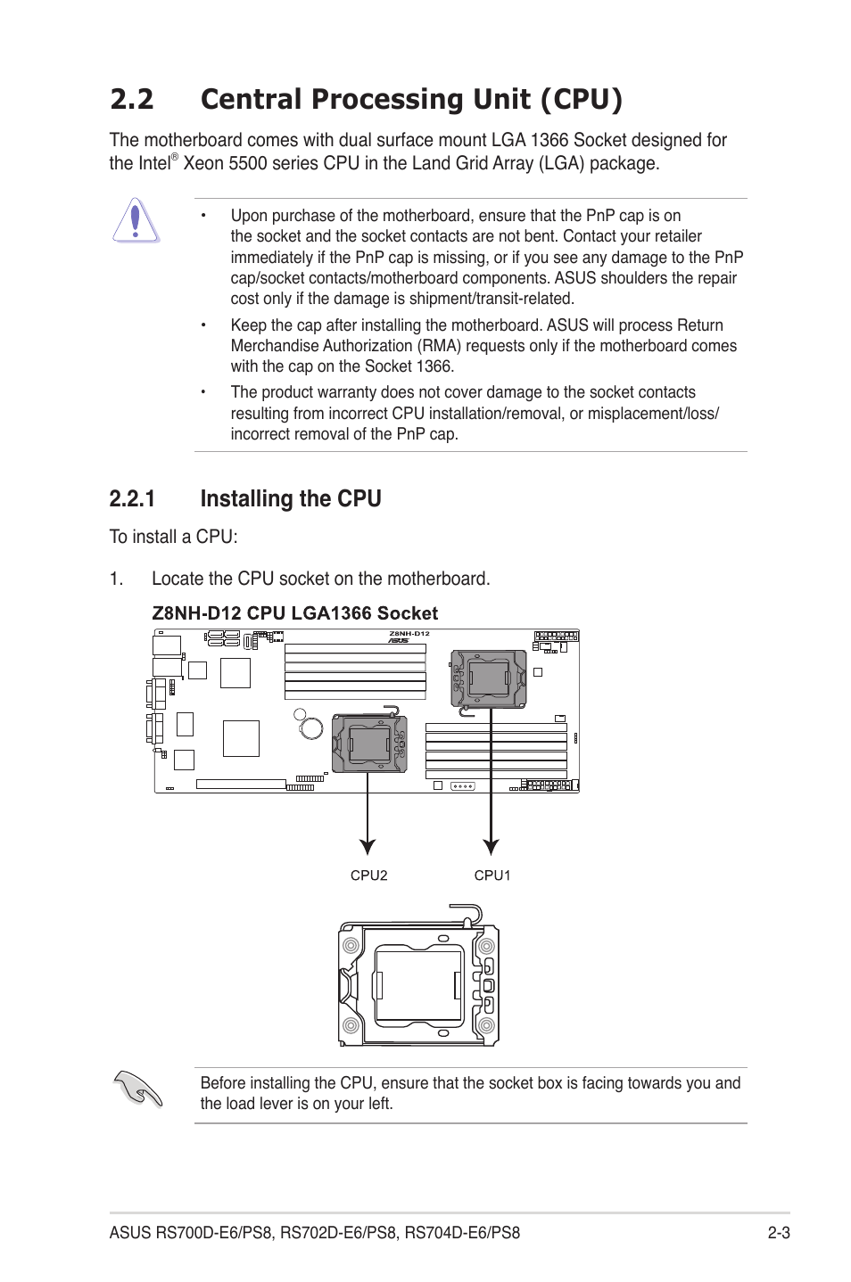 2 central processing unit (cpu), 1 installing the cpu, Central processing unit (cpu) -3 2.2.1 | Installing the cpu -3 | Asus RS704D-E6/PS8 User Manual | Page 23 / 164