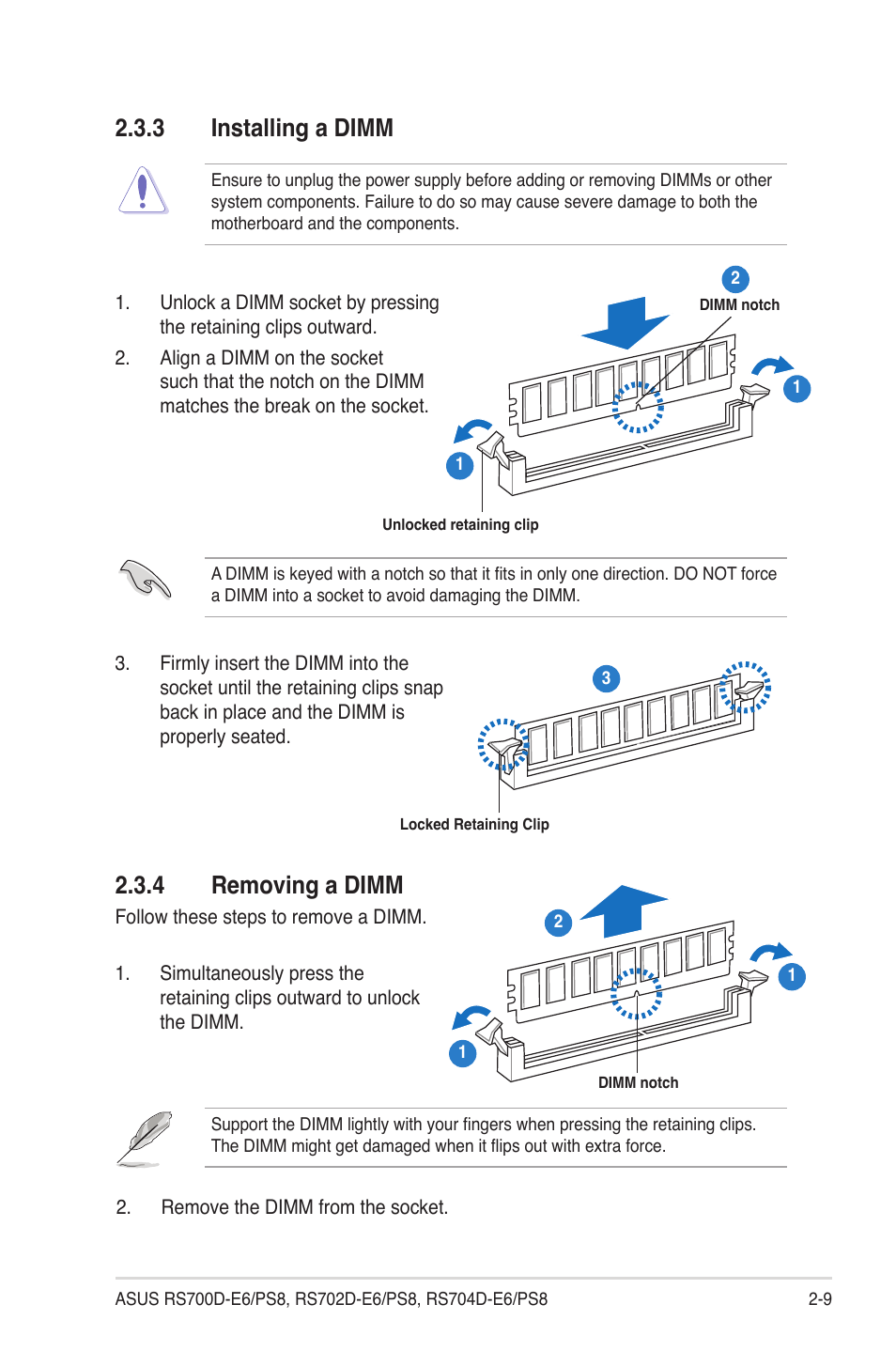 3 installing a dimm, 4 removing a dimm, Installing a dimm -9 | Removing a dimm -9, 3 installing a dimm 2.3.4 removing a dimm | Asus RS704D-E6/PS8 User Manual | Page 29 / 164