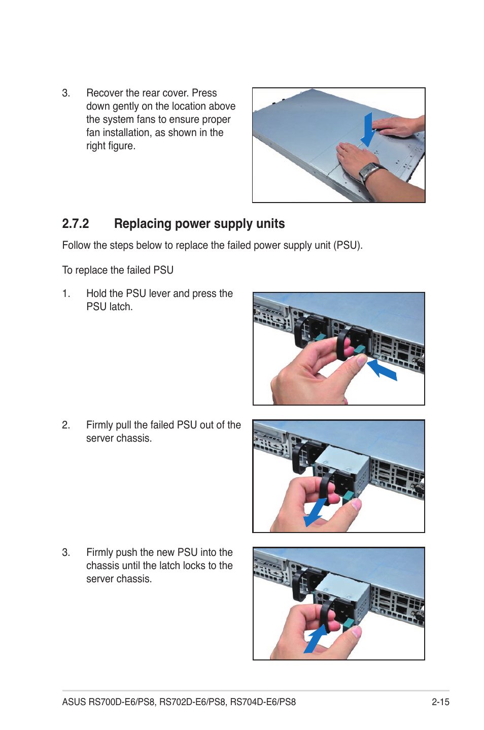 2 replacing power supply units, Replacing power supply units -15 | Asus RS704D-E6/PS8 User Manual | Page 35 / 164