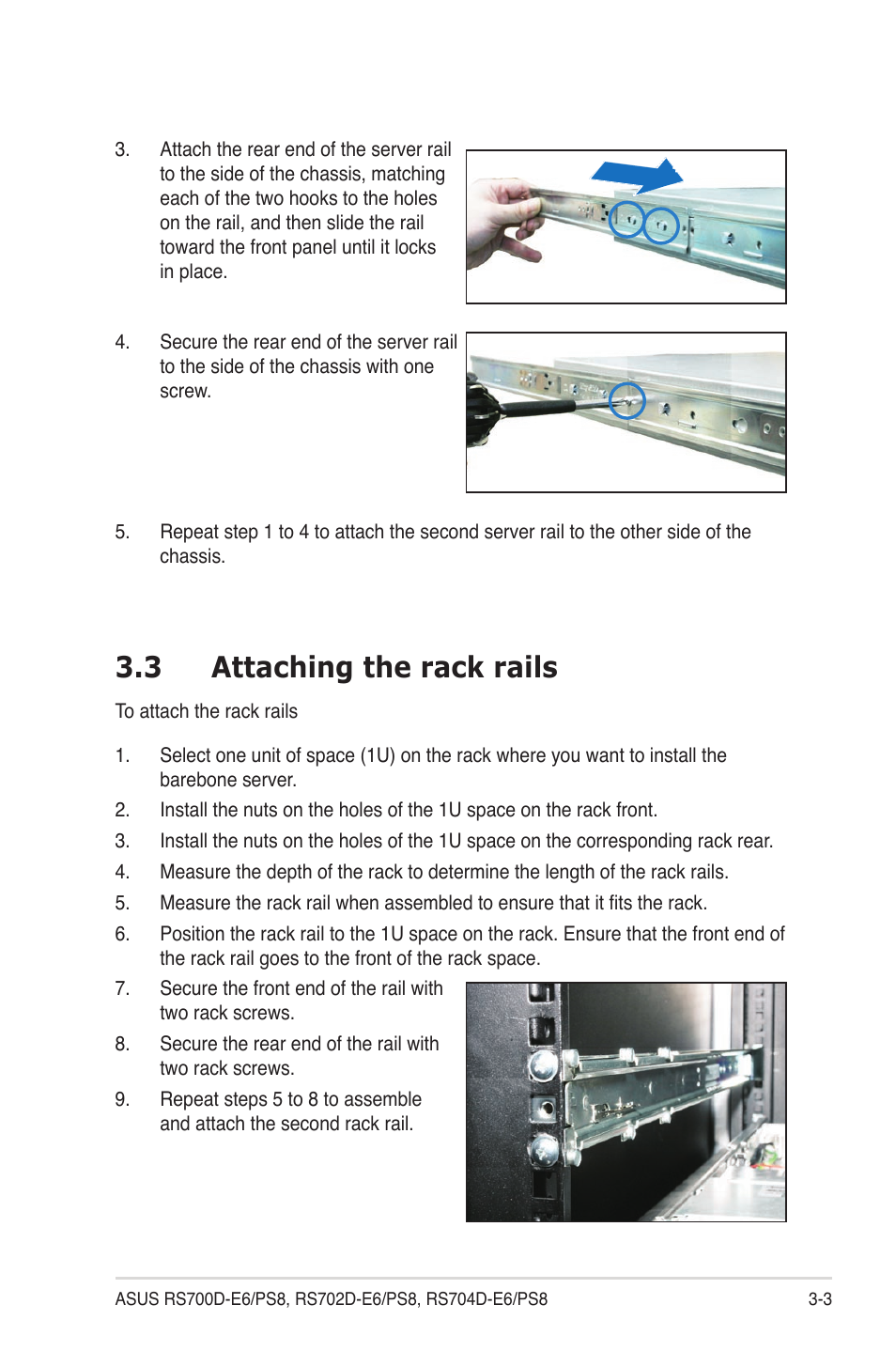 3 attaching the rack rails, Attaching the rack rails -3 | Asus RS704D-E6/PS8 User Manual | Page 43 / 164