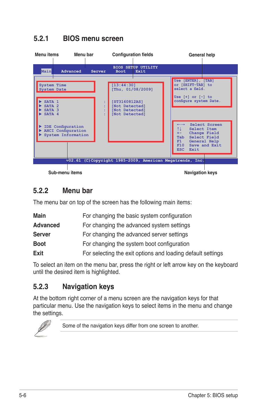 1 bios menu screen, 2 menu bar, 3 navigation keys | Bios menu screen -6, Menu bar -6, Navigation keys -6 | Asus RS704D-E6/PS8 User Manual | Page 70 / 164