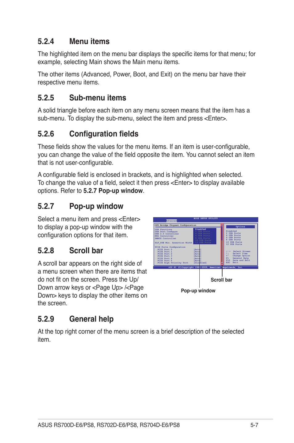 4 menu items, 5 sub-menu items, 6 configuration fields | 7 pop-up window, 8 scroll bar, 9 general help, Menu items -7, Sub-menu items -7, Configuration fields -7, Pop-up window -7 | Asus RS704D-E6/PS8 User Manual | Page 71 / 164