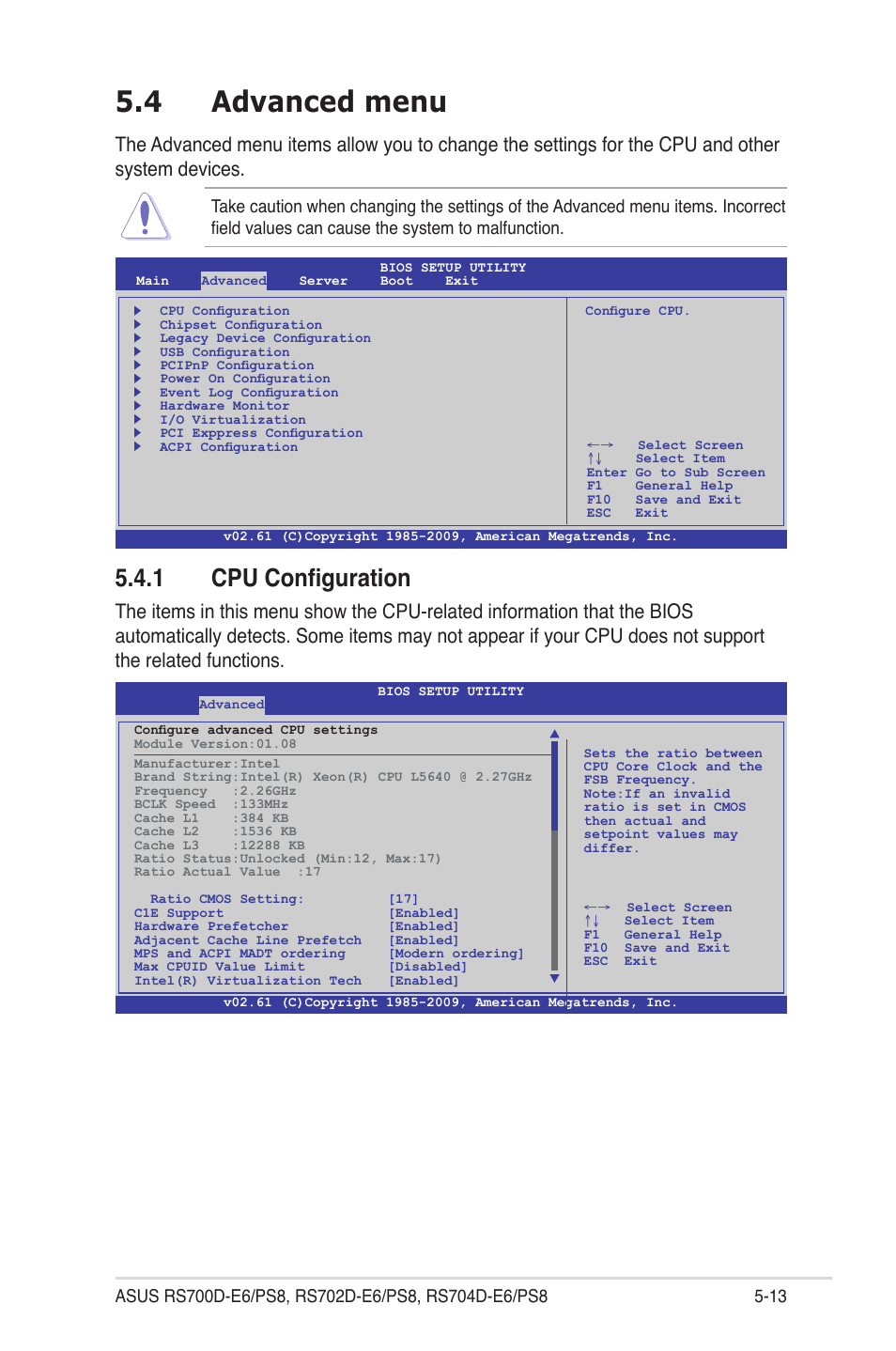 4 advanced menu, 1 cpu configuration, Advanced menu -13 5.4.1 | Cpu configuration -13 | Asus RS704D-E6/PS8 User Manual | Page 77 / 164