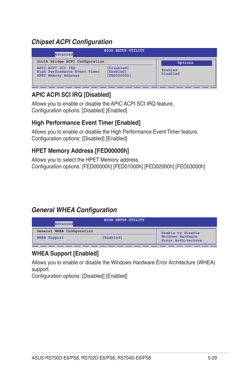 Chipset acpi configuration, General whea configuration, Apic acpi sci irq [disabled | High performance event timer [enabled, Whea support [enabled | Asus RS704D-E6/PS8 User Manual | Page 93 / 164