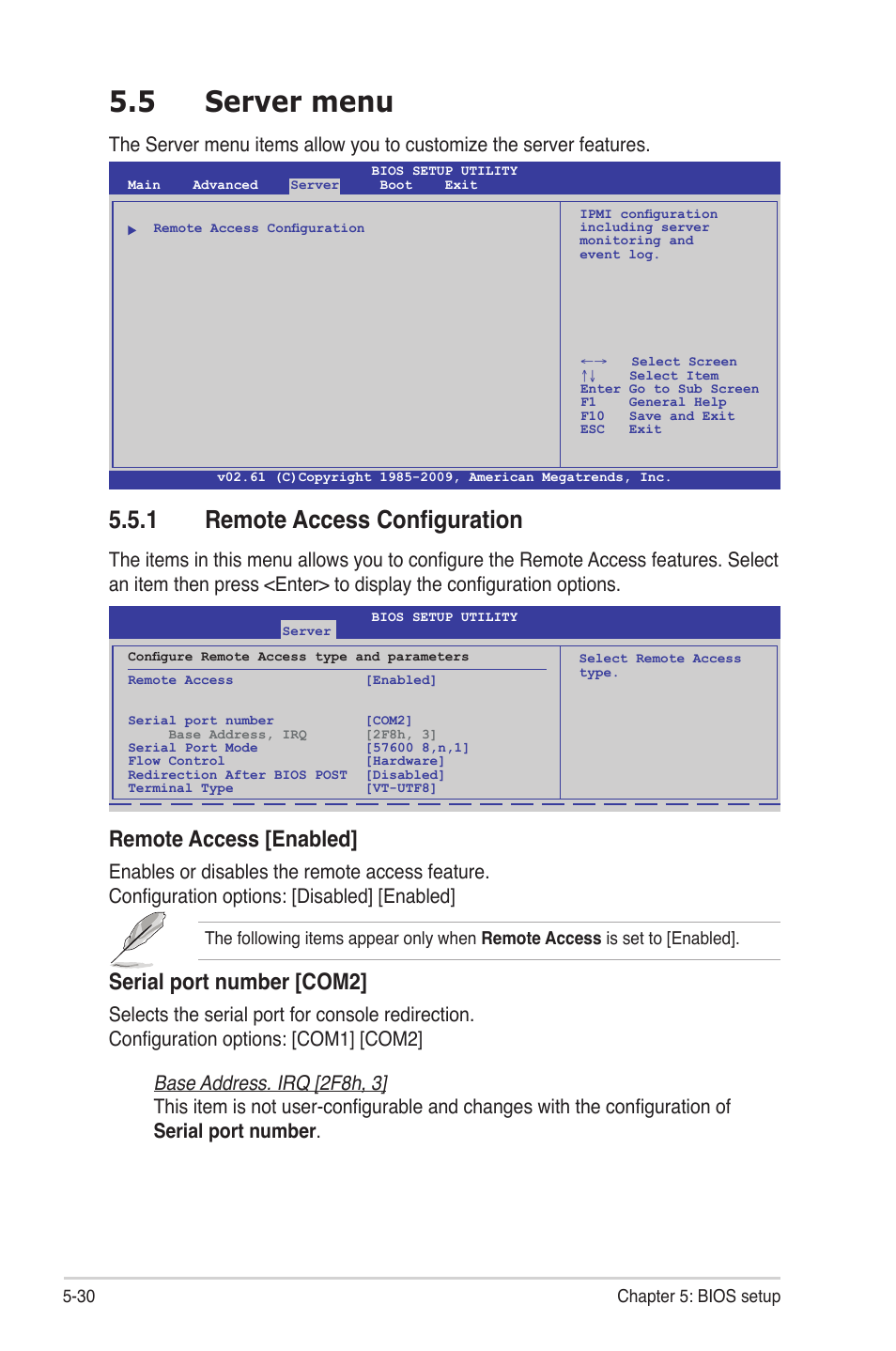 5 server menu, 1 remote access configuration, Server menu -30 5.5.1 | Remote access configuration -30, Remote access [enabled, Serial port number [com2 | Asus RS704D-E6/PS8 User Manual | Page 94 / 164