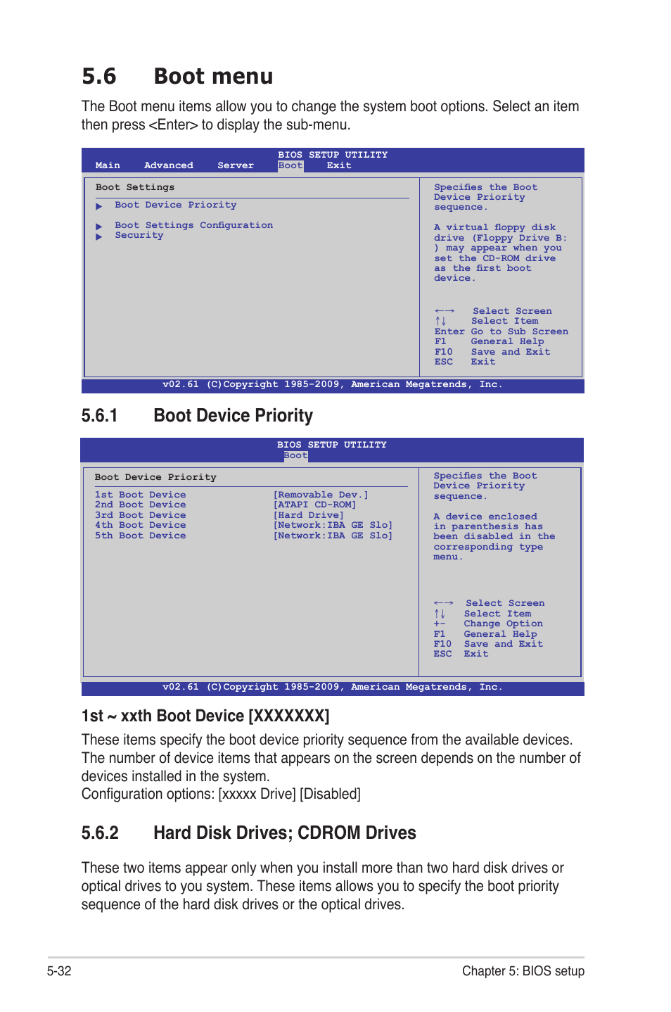 6 boot menu, 1 boot device priority, 2 hard disk drives; cdrom drives | Boot menu -32 5.6.1, Boot device priority -32, Hard disk drives; cdrom drives -32 | Asus RS704D-E6/PS8 User Manual | Page 96 / 164