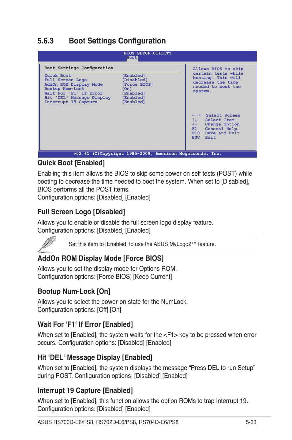 3 boot settings configuration, Boot settings configuration -33, Quick boot [enabled | Full screen logo [disabled, Addon rom display mode [force bios, Bootup num-lock [on, Wait for ‘f1‘ if error [enabled, Hit ‘del‘ message display [enabled, Interrupt 19 capture [enabled | Asus RS704D-E6/PS8 User Manual | Page 97 / 164