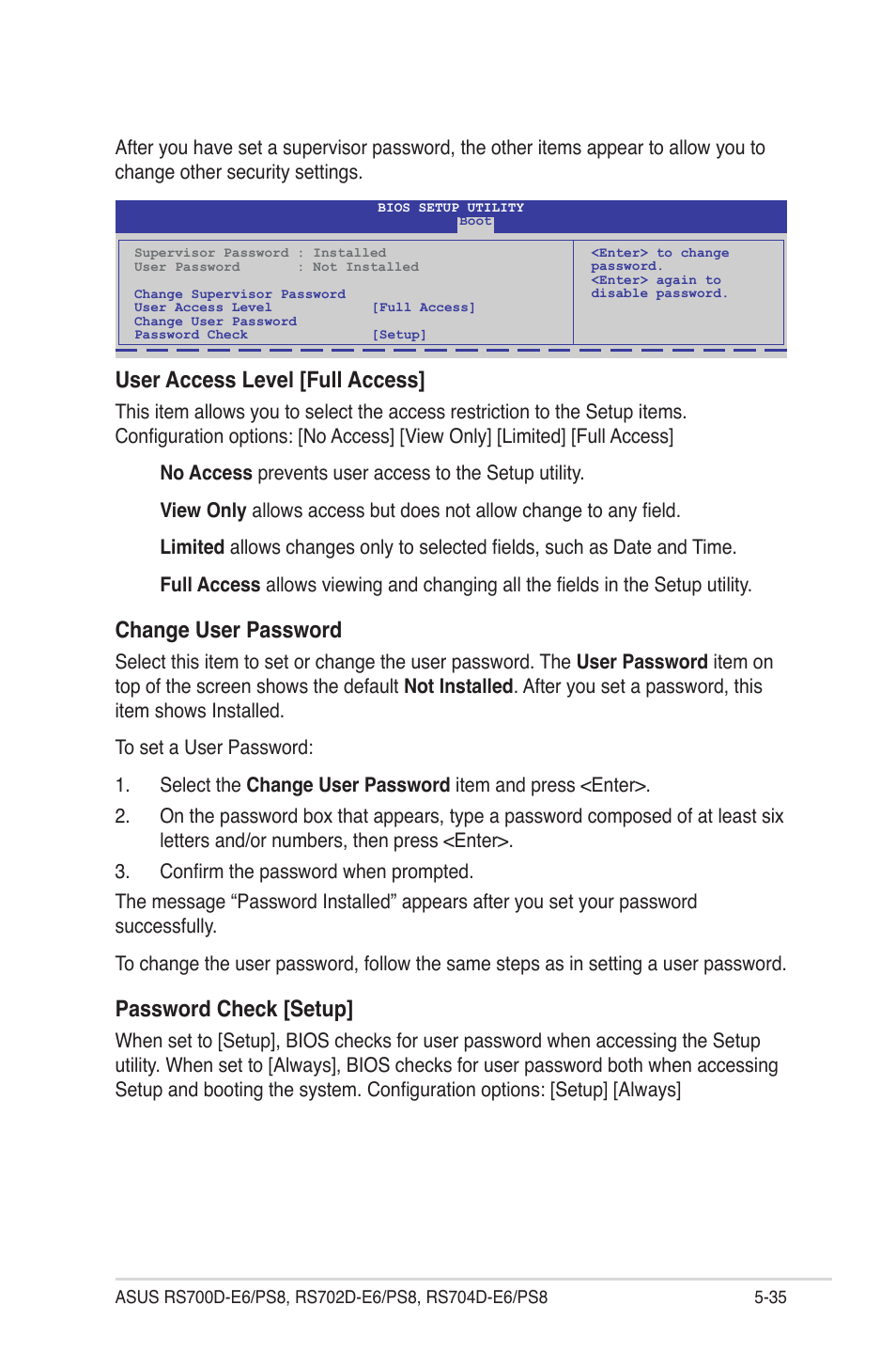 User access level [full access, Change user password, Password check [setup | Asus RS704D-E6/PS8 User Manual | Page 99 / 164