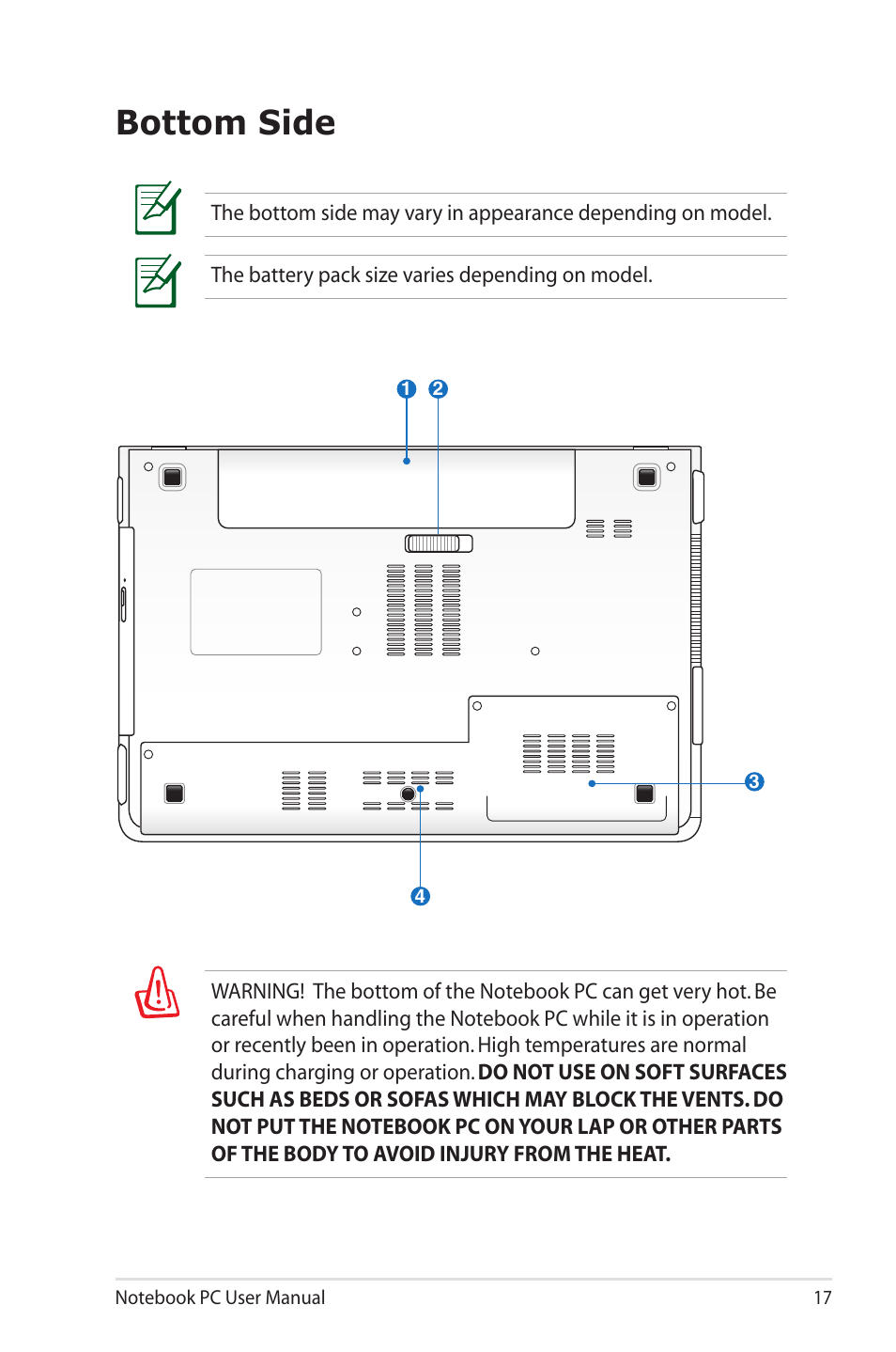 Bottom side | Asus X4KSL User Manual | Page 17 / 114