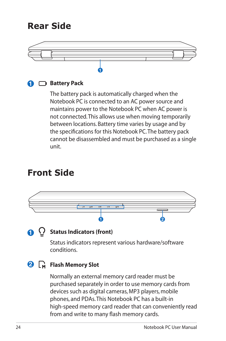 Rear side, Front side, Rear side front side | Asus X4KSL User Manual | Page 24 / 114