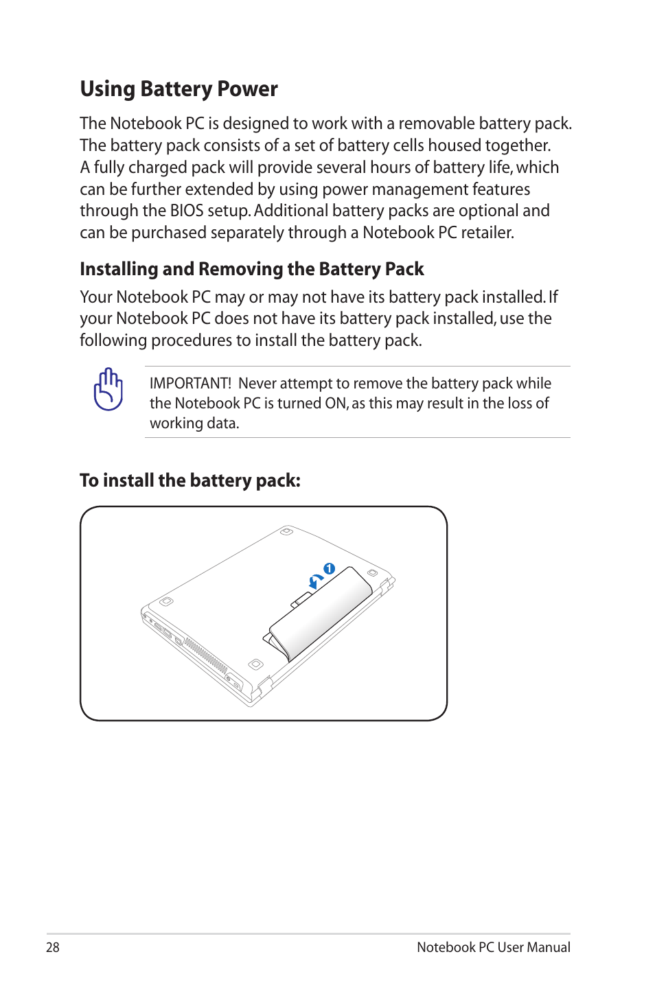 Using battery power, Installing and removing the battery pack | Asus X4KSL User Manual | Page 28 / 114