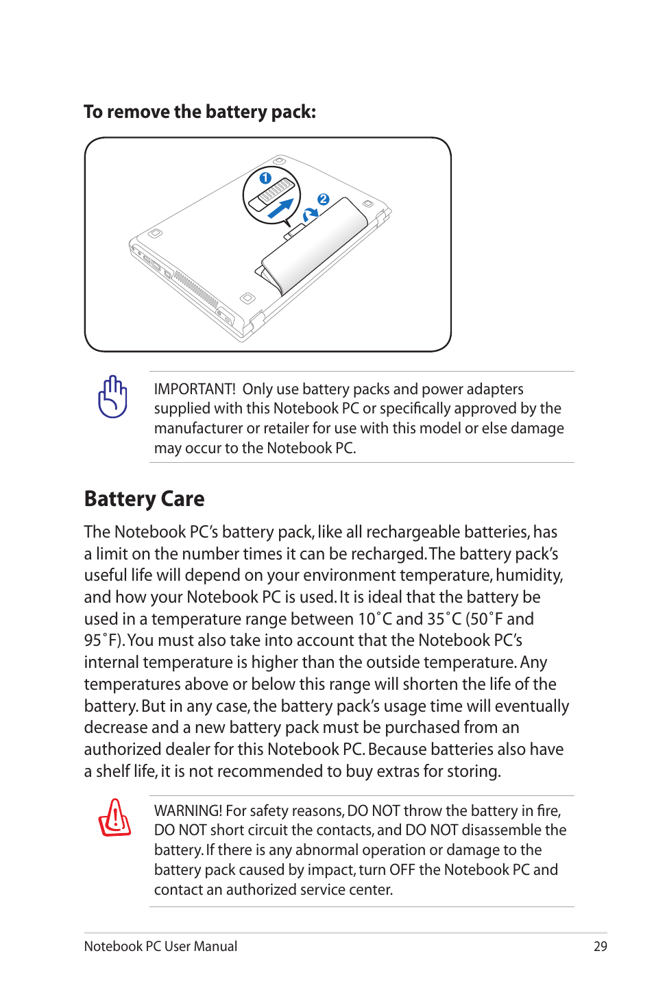 Battery care | Asus X4KSL User Manual | Page 29 / 114