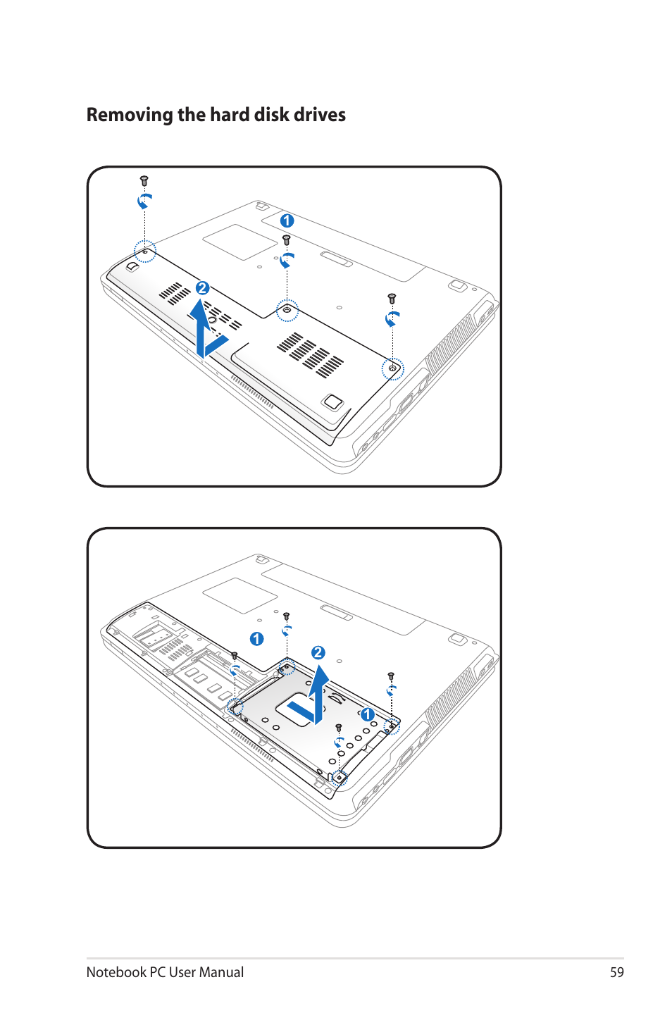 Removing the hard disk drives | Asus X4KSL User Manual | Page 59 / 114